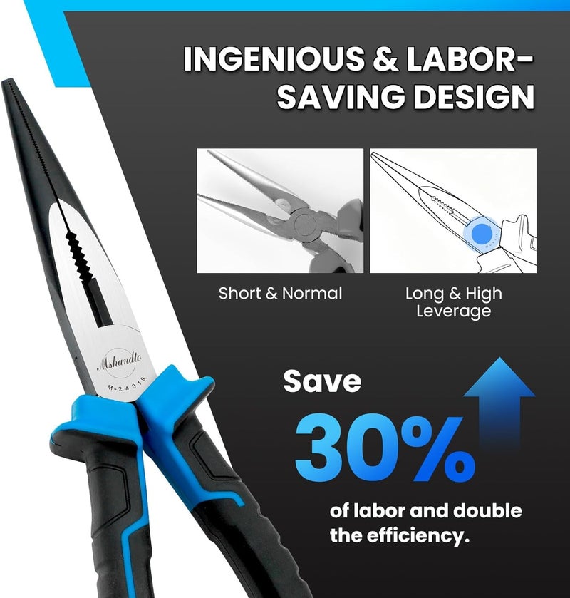 mshandto Needle Nose Pliers, 8" Long Nose Pliers for Wire Bending, High Carbon Steel Needle Nose Plier, Serrated Jaw Pliers for Jewelry Making, Electronics Repair, Object Grasping, Craft Making - Image 3